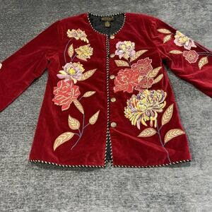 VTG Alex Kim Red Velvet Floral Applique Embroidered Jacket Women M Boho Art
